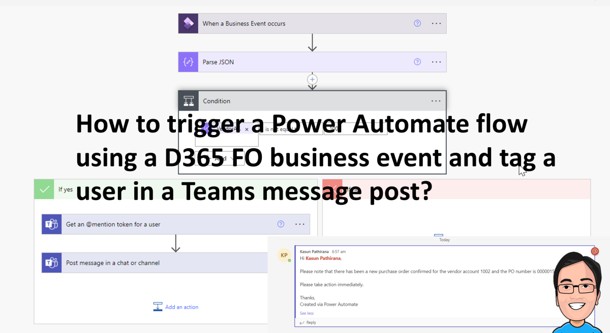 How to trigger a Power Automate flow using a D365 FO business event and tag a user in a Teams message post?